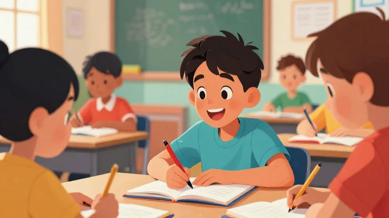 Niños felices aprenden en escena colorida