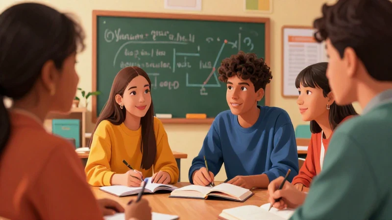 Estudiantes diversos discuten en aula colorida