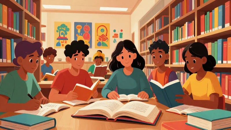 Jóvenes diversos en biblioteca, ilustración vibrante y detallada