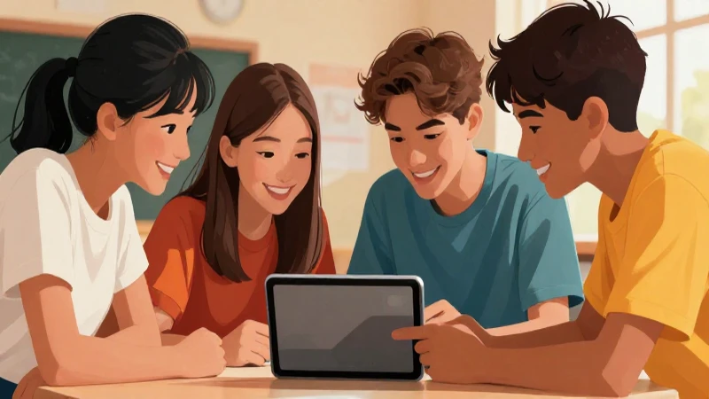 Estudiantes colaboran felizmente en tablet digital
