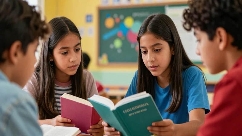 Estudiantes discuten libros en aula colorida