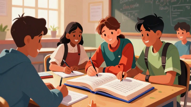 Estudiantes sonrientes estudian en aula vibrante