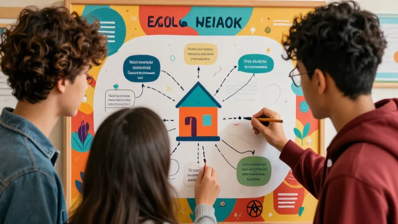 Estudiantes colaboran en un mapa conceptual colorido