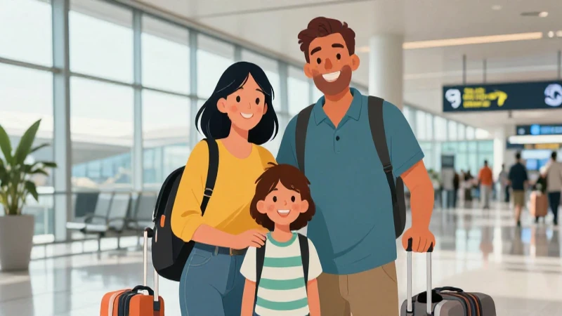 Familia feliz en el aeropuerto, estilo ilustrativo
